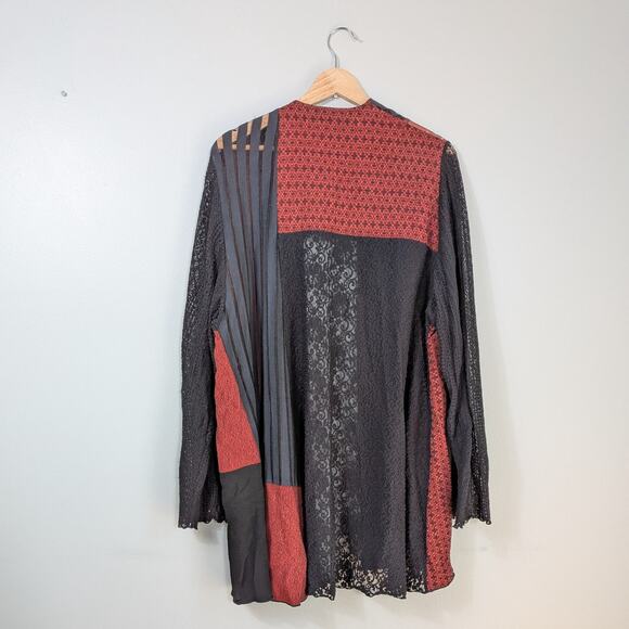 Y2K Patchwork Cardigan Topper Jacket Red Black Artsy Eclectic Lace Mesh Asian - Picture 2 of 11
